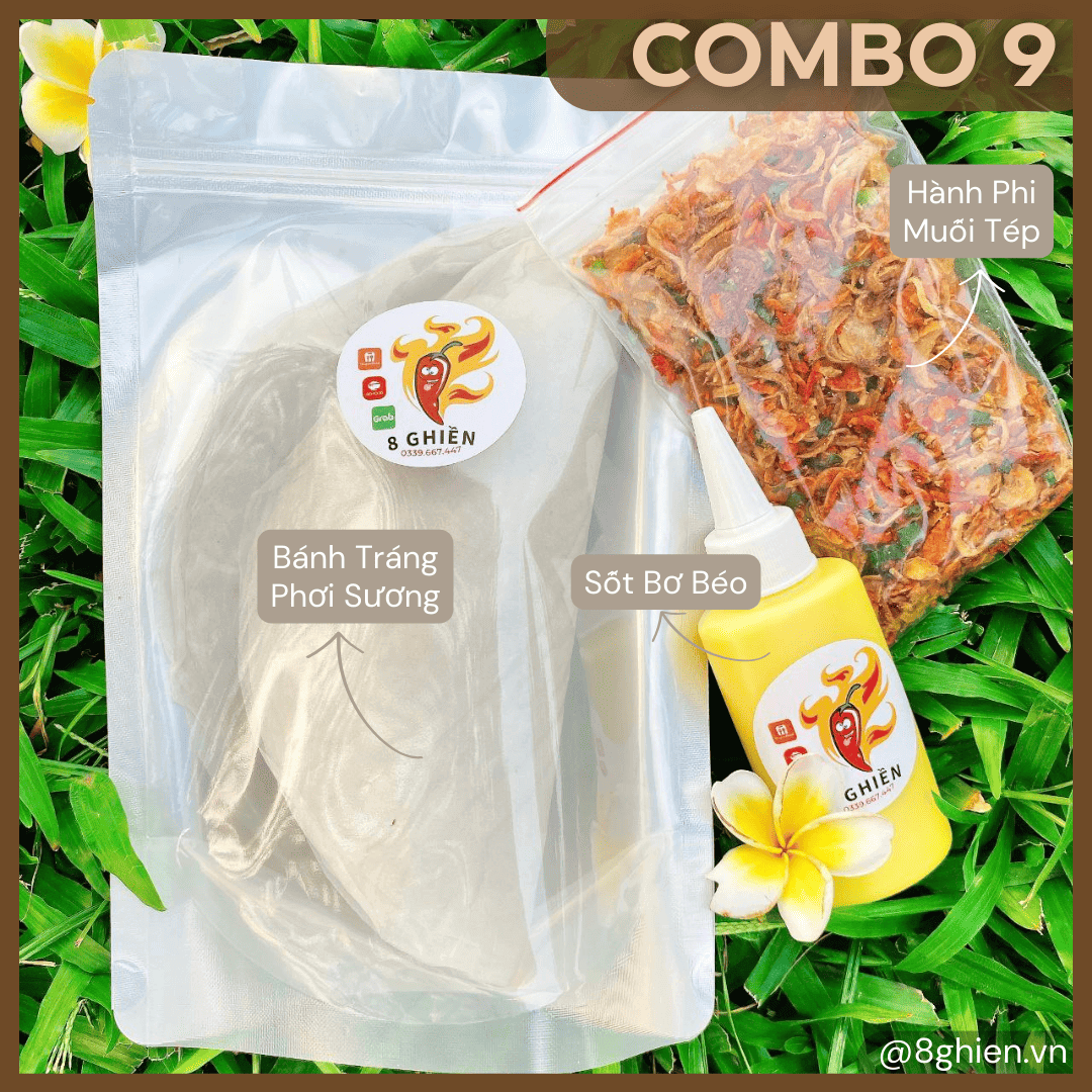 Bánh Tráng Phơi Sương, Chai Sốt Bơ TẶNG Túi Hành Phi Muối Tép (Combo 9) - Đặc Sản 8 Ghiền